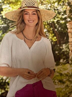 Sundance White Button-Front Gathered Peasant Blouse